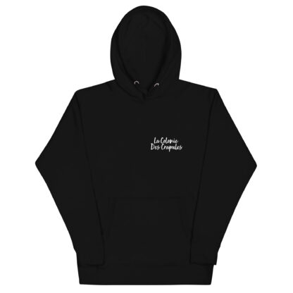 Sweat à Capuche Unisexe, écriture La Colonie Des Crapules blanc avant, logo arrière