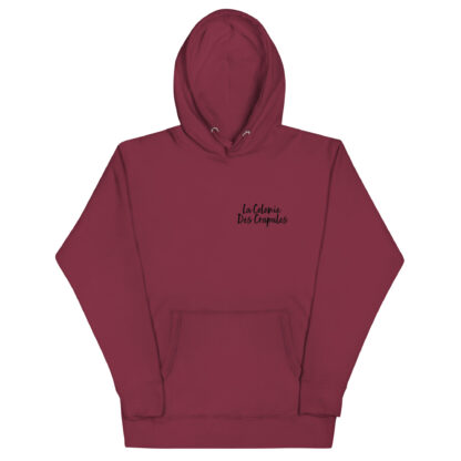 Sweat à Capuche Unisexe, écriture La Colonie Des Crapules noire avant, logo arrière